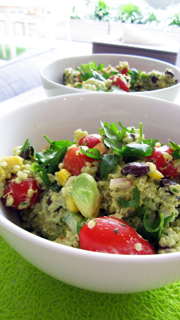 Spicy Vegan Quinoa & Bean Salad with Creamy Avocado Dressing
