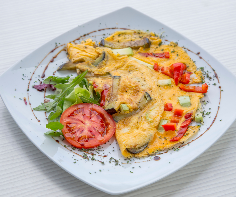 Lentil, Pesto & Goats Cheese Omlette with olives